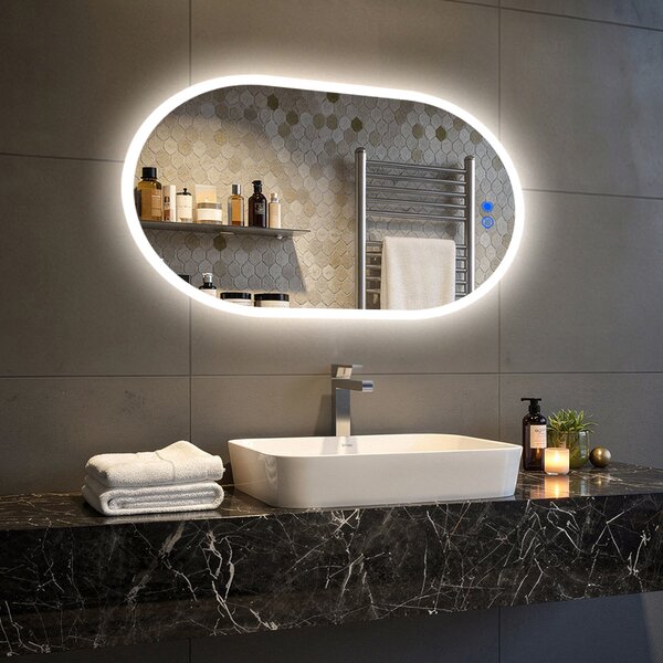 Oval Illuminated Bathroom Mirror 80x50/50x80 cm with Dual Color, Touch Switch and Heating Mat