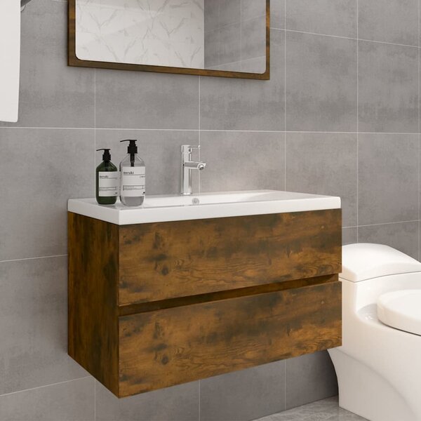 Sink Cabinet with Built-in Basin Smoked Oak Engineered Wood