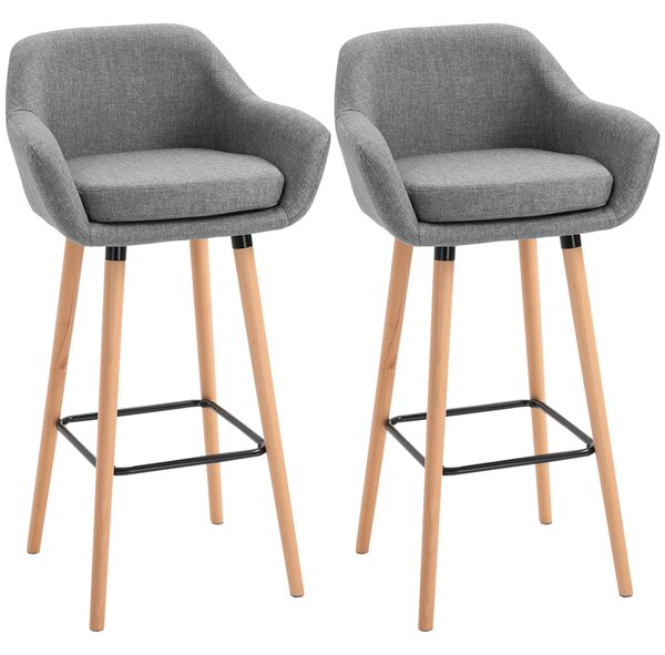 HOMCOM Pair of Bar Chairs Modern Fabric Upholstered Seat with Solid Wood Legs & Metal Frame for Dining Room - Grey