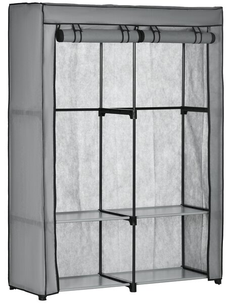 HOMCOM Portable Wardrobe, Fabric Cabinet, Foldable Clothes Organiser with 4 Shelves, 2 Hanging Rails, 118 x 49 x 170 cm, Light Grey