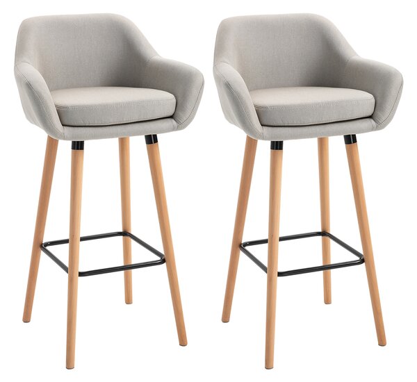 HOMCOM Pair of Bar Chairs, Modern Upholstered Seat with Metal Frame & Solid Wood Legs, Fabric Seating for Dining Room - Beige