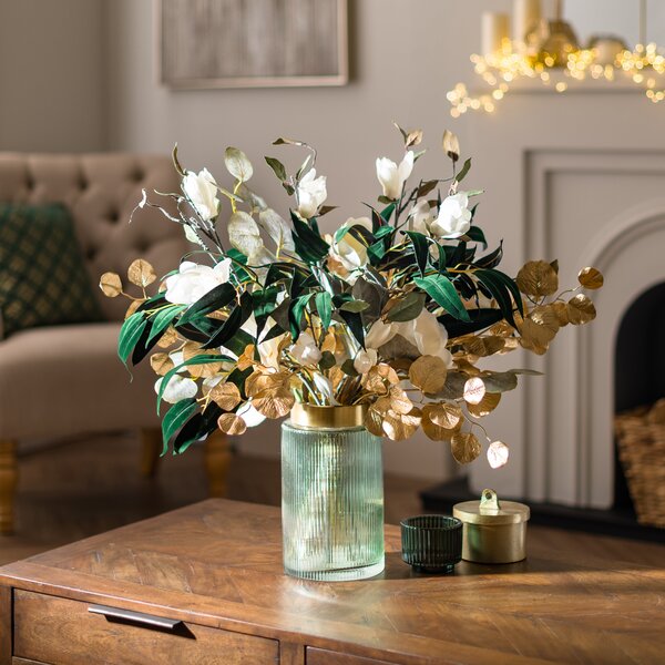 Artificial Magnolia and Metallic Foliage Bouquet White