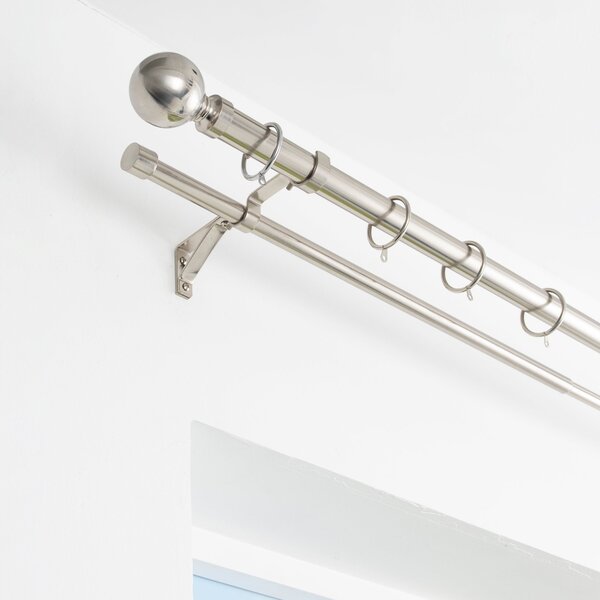 Ashton Double Layer Extendable Metal Curtain Pole with Rings Satin Steel (Silver)