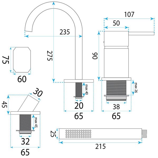 3-Hole Bathtub Faucet Rea Lungo Black
