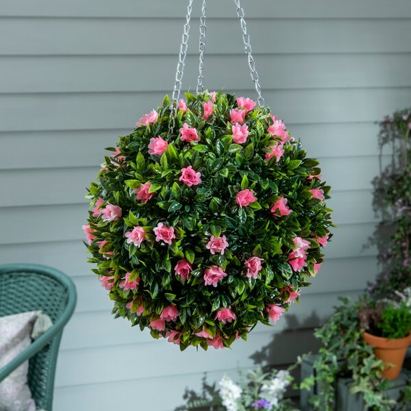 Artificial Hanging Pink Floral Topiary Ball 25cm Green