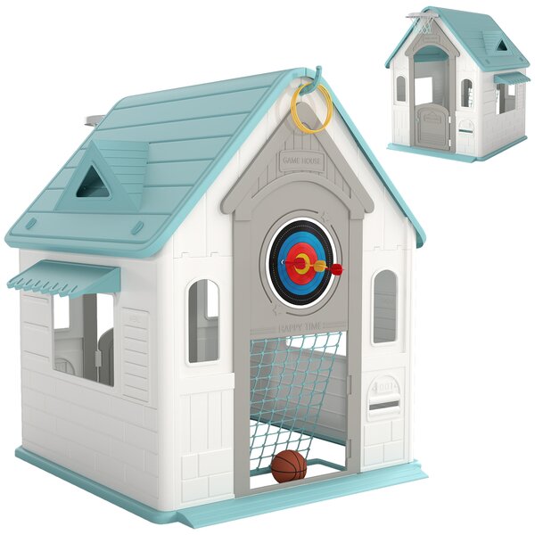 AIYAPLAY 5-in-1 Playhouse for Kids Outdoor Indoor with Basketball Hoop, Football Goal, Dartboard, Ring Toss for 2-5 Years, Beige