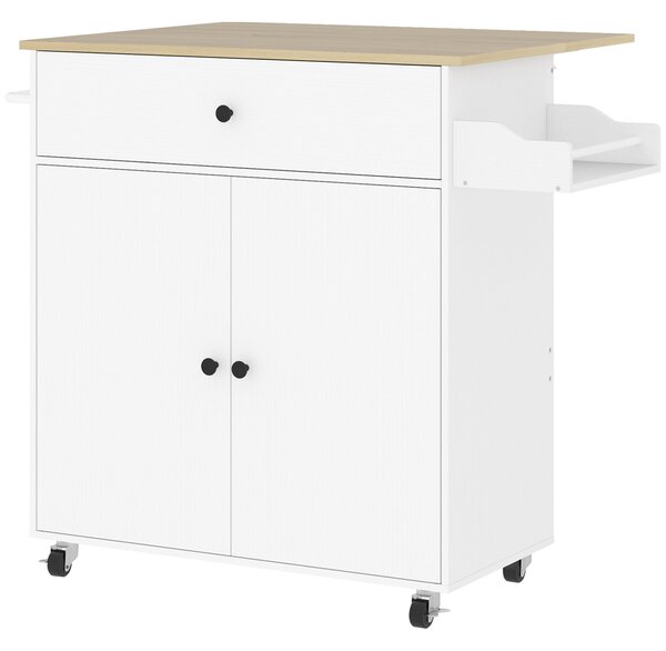 HOMCOM Rolling Kitchen Island with Drop Leaf, Kitchen Storage Cart with Drawer, Spice Rack and Towel Rack, White