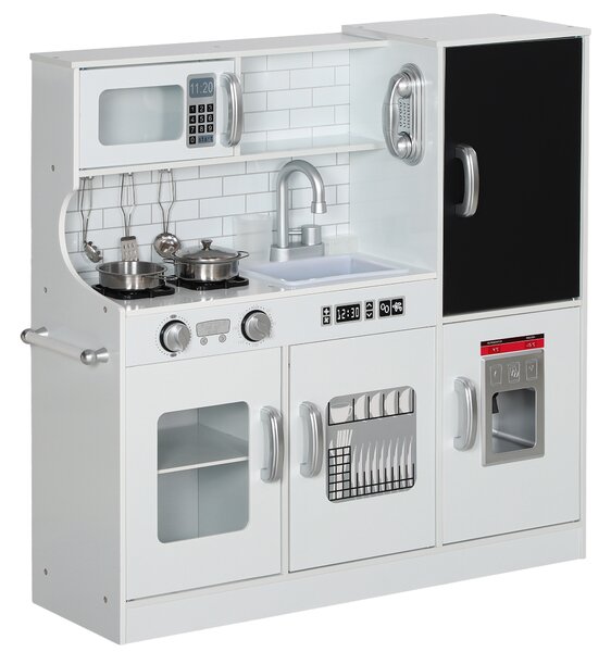 AIYAPLAY Pretend Play Kitchen, Kids Kitchen Playset, with Toy Phone, Chalkboard, Microwave, Cooking Stove, Sink, White