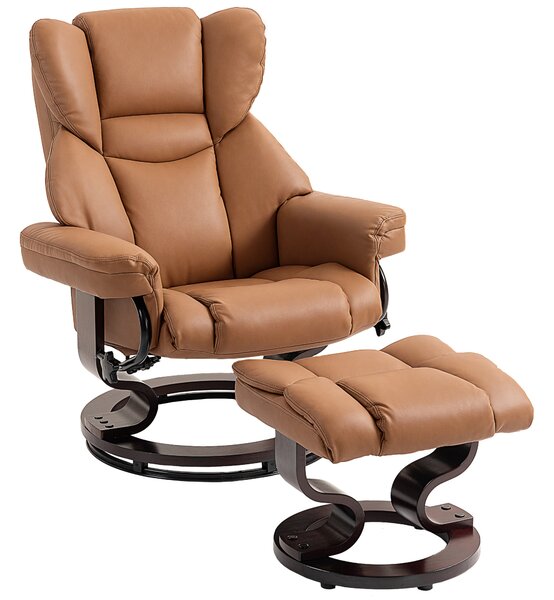 HOMCOM 360° Swivel Recliner Chair with Footstool, PU Leather Manual Recliner Armchair with Footstool, Solid Wood Base, Upholstered Reclining Chair for Living Room, Bedroom, Office, Brown
