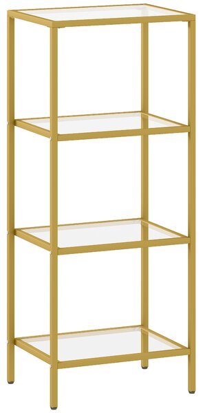 HOMCOM 4-Tier Shelving Unit, Glass Shelf, Vertical Storage Shelf for Living Room, Home Office, Bedroom, Bathroom, Gold Tone