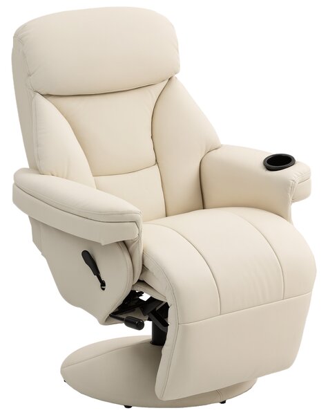 HOMCOM Manual Recliner Chair with Footrest, Upholstered Reclining Armchair with Adjustable Backrest and Cup Holder, PU Leather Swivel Chair for Living Room, Bedroom, Cream White