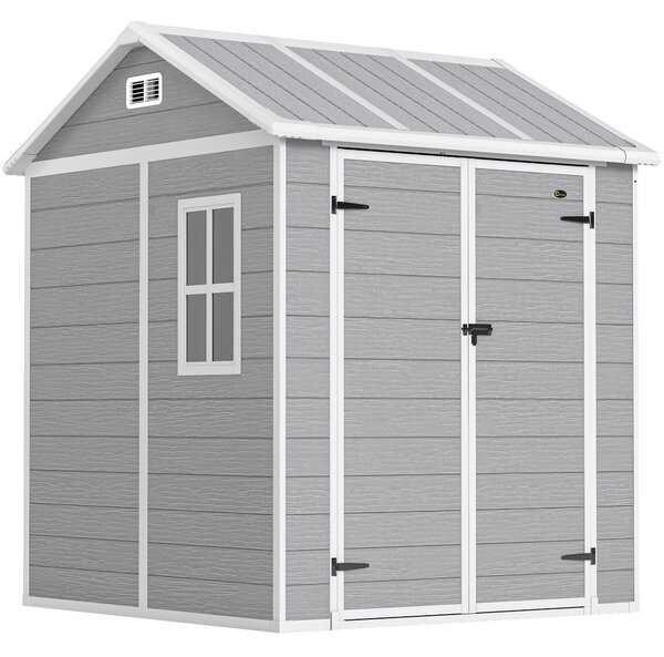 Outsunny 6x6ft Garden Shed with Floor, Lockable Doors, Window & Vents, Wood Effect Resin Tool Storage, Grey Aosom UK