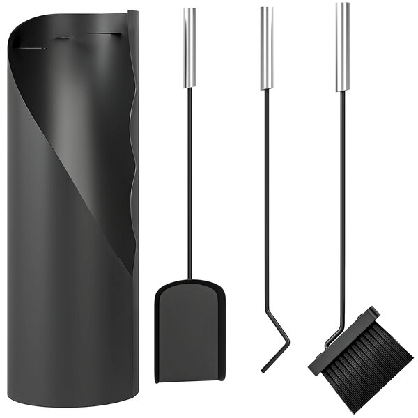 Outsunny 4 Pieces Fireplace Companion Set, Metal Fireplace Accessories Fireside Companion Set with Broom, Shovel, Poker and Bucket, Silver