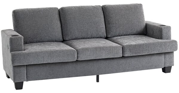 HOMCOM 3 Seater Sofa with USB Ports & Cup Holders - Grey