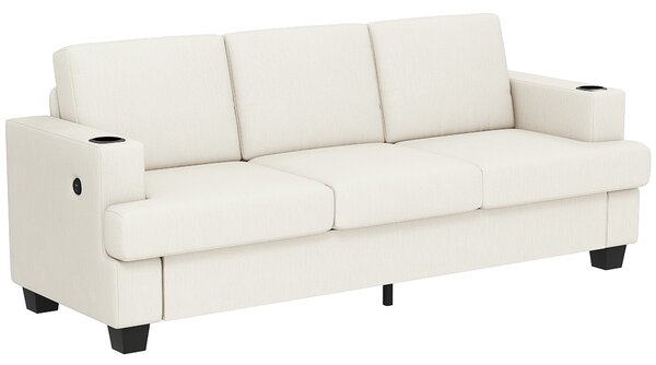 HOMCOM 3 Seater Sofa with USB Ports & Cup Holders - Cream White