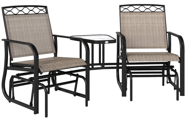 Outsunny Double Outdoor Glider Chair, 2 Seater Patio Rocking Chairs, Swing Bench w/ Tempered Glass Table, Mesh Fabric for Backyard, Garden, Brown