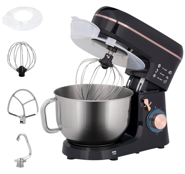 HOMCOM Stand Mixer for Baking, 5L Food Mixer with Dough Hook, Whisk, 6 Speeds and Pulse Setting, , Stainless Steel Bowl, Splash Guard, Black