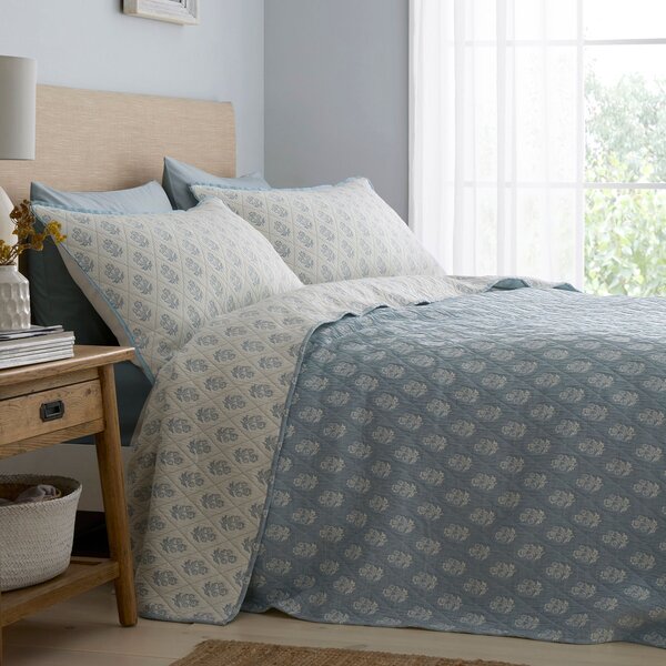 Dreams and Drapes Block Floral Jacquard Quilted 235cm x 235cm Bedspread Set Blue