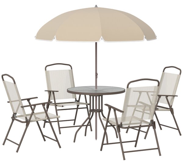 Outsunny Garden Patio Texteline Folding Chairs Plus Table and Parasol Furniture Bistro Set - Beige (6-Piece)