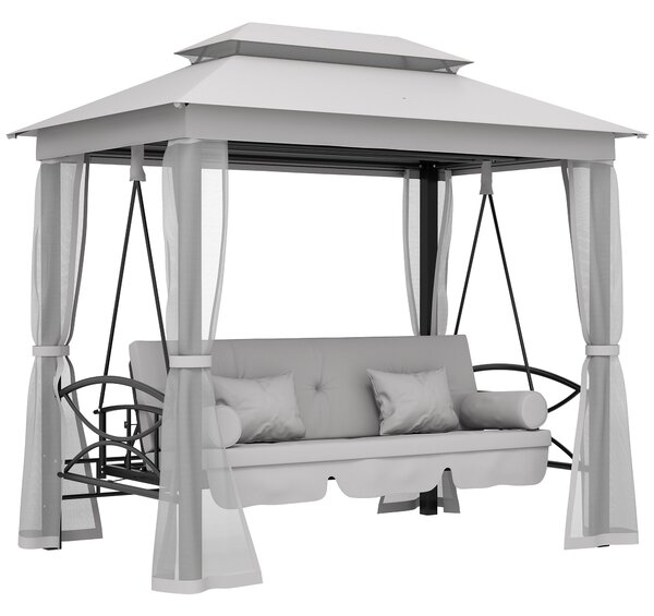 Outsunny 2-in-1 Convertible Swing Chair Bed 3 Seater Hammock Gazebo Patio Bench Cushioned Seat Mesh Curtains - Grey Aosom UK