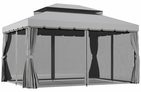 Outsunny 3 x 4m Retractable Roof Gazebo, Metal Garden Pergola with Canopy Shelter, Nets and Curtains for Garden and Deck, Light Grey Aosom UK