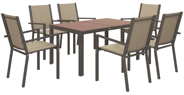 Outsunny 7 Pieces Garden Dining Set with Wood-plastic Composite Dining Table, Outdoor Table and 6 Stackable Armchairs with Texteline Seat