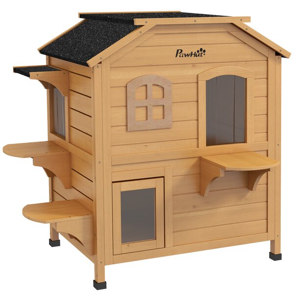 PawHut Wooden Cat House Condos Cat Cave Pet Shelter 2 Floor Villa Outdoor Furniture Natural Wood Finish Aosom UK