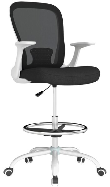 HOMCOM Draughtsman Chair, Mesh Office Chair, Ergonomic Desk Chair with Flip-up Armrest, Adjustable Foot Ring, Black & White Aosom UK