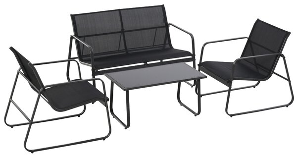 Outsunny 4 Piece Garden Furniture Set Outdoor Patio Sofa Set with Double Chair, Single Chairs and Glass Top Table for Terrace and Balcony, Black