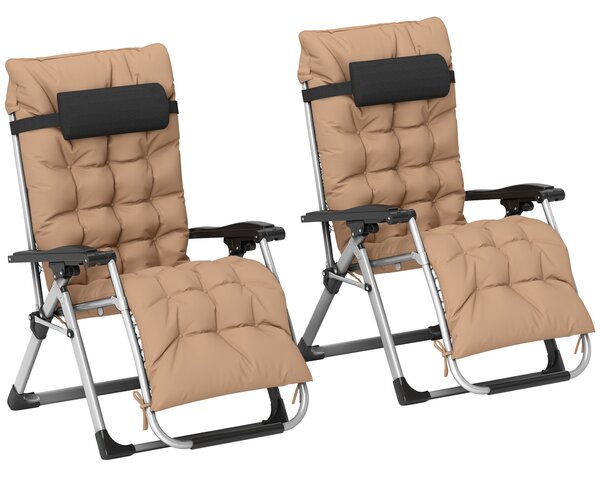 Outsunny 2 Piece Reclining Zero Gravity Sun Loungers with Cushions, Khaki