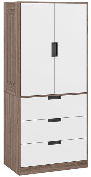 HOMCOM 2 Door Wardrobe, Modern Wardrobe with 3 Drawers and Hanging Rod for Bedroom, Brown Aosom UK