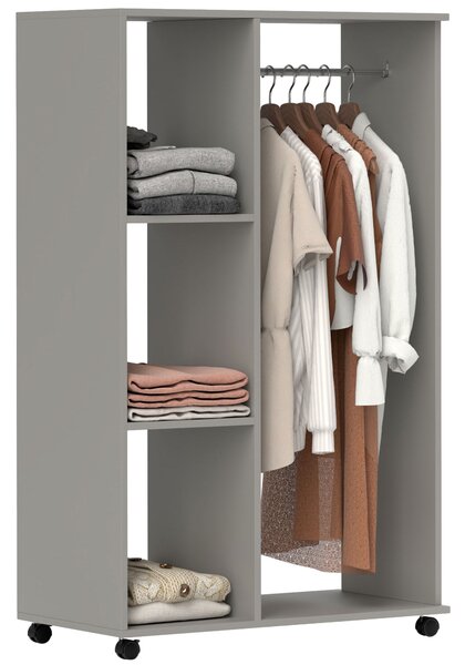 HOMCOM Open Wardrobe on Wheels with Clothes Rail, Bedroom Clothes Storage with Hanging Rod, 3 Storage Shelves, Mobile Garment Rack for Cloakroom, Hallway, Grey Aosom UK