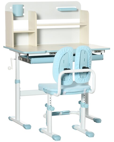 HOMCOM Kids Desk and Chair Set, Height Adjustable School Desk & Chair Set w/ Shelves, Washable Cover, Anti-Slip Mat, Kids Aged 3-12, Blue Aosom UK