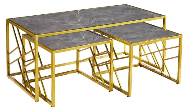 Ovid Gloss Grey Marble Effect Nesting Coffee Tables With Gold Frame