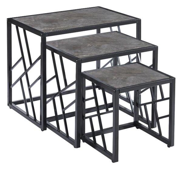 Ovid Gloss Grey Marble Effect Nest Of 3 Tables With Black Frame
