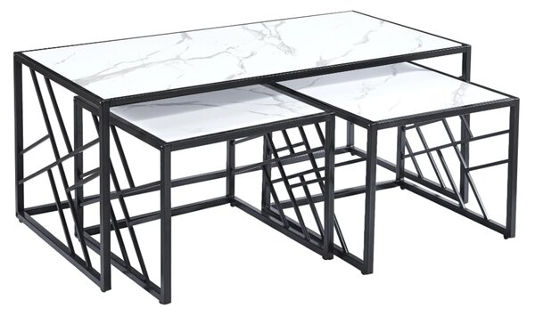 Ovid Gloss White Marble Effect Nesting Coffee Tables With Black Frame
