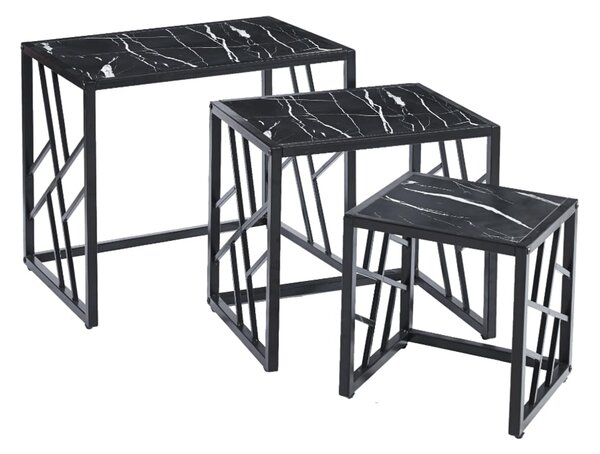Ovid Gloss Black Marble Effect Nest Of 3 Tables With Black Frame