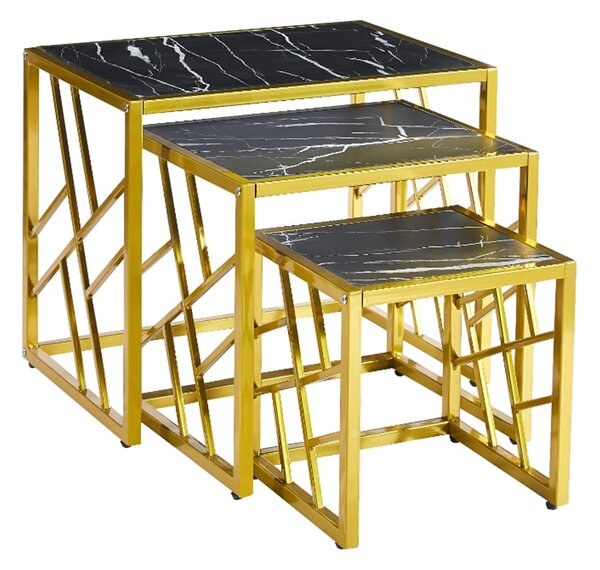 Ovid Gloss Black Marble Effect Nest Of 3 Tables With Gold Frame