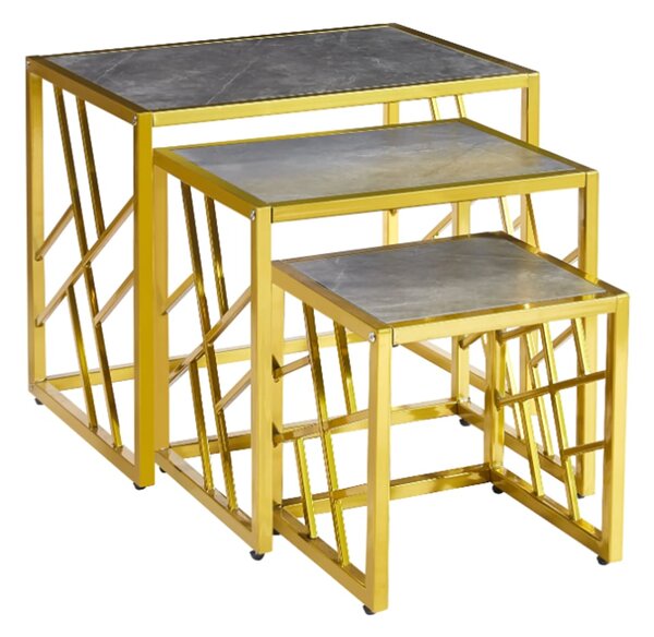Ovid Gloss Grey Marble Effect Nest Of 3 Tables With Gold Frame