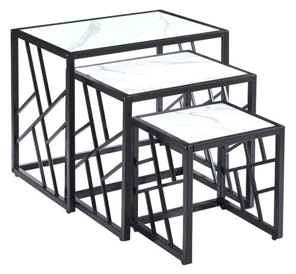 Ovid Gloss White Marble Effect Nest Of 3 Tables With Black Frame