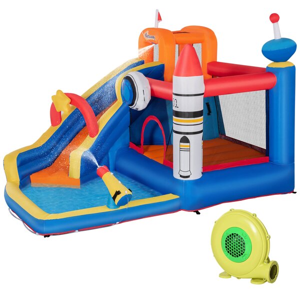 Outsunny 5 in 1 Kids Bounce Castle Large Water Space Style Inflatable House Slide Trampoline Pool Water Gun Climbing Wall with Inflator Carrybag for Kids Age 3-8, 3.4 x 2.7 x 2.3m