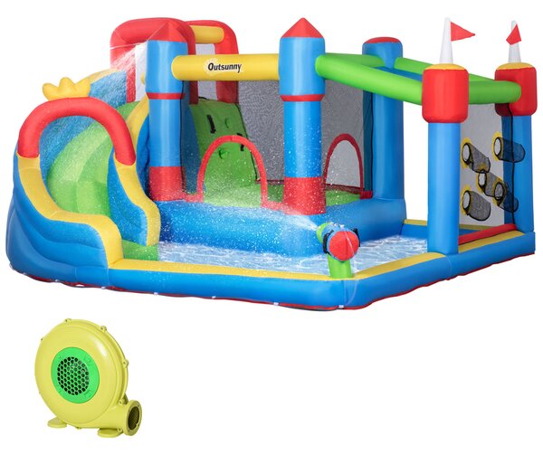 Outsunny 5 in 1 Kids Bounce Castle Large Castle Style Inflatable House Slide Trampoline Pool Water Gun Climbing Wall with Inflator Carrybag Patches for Kids Age 3-8, 3.9 x 3 x 2m