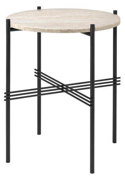 GUBI TS Outdoor side table Natural white, black frame, travertine