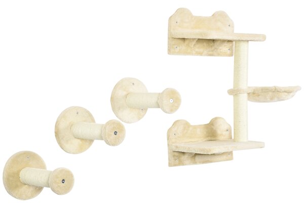 PawHut Feline Climbing Haven: Wall-Mounted Shelves with Hammock, Steps & Scratching Post, Beige Aosom UK