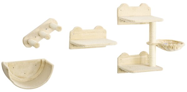 PawHut Wall-mounted Cat Shelves Set, Climbing Activity Centre with Hammock, Scratching Post & Jumping Platform for Kittens, Beige Aosom UK