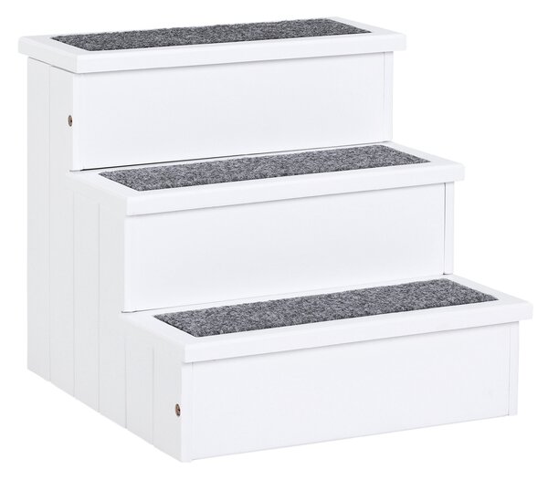 PawHut 3 Step Wooden Pet Stairs, Carpeted Ramp for Cats & Small Dogs, Non-Slip Carpet, Compact, White Aosom UK