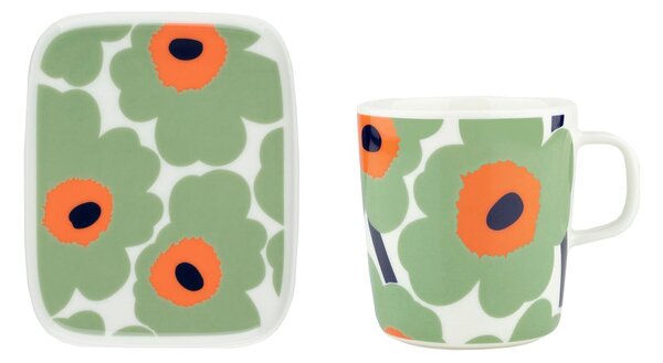 Marimekko Unikko mug 40 cl + plate 12x15 cm White-sage-orange-dark blue