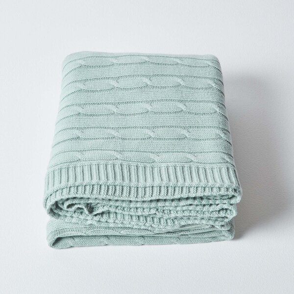 Homescapes 100% Cotton Cable Knit Throw, 130 x 170 cm, Duck Egg Blue, For Bed or Sofa, Handcrafted, OEKO-TEX Certified, 50 x 70"