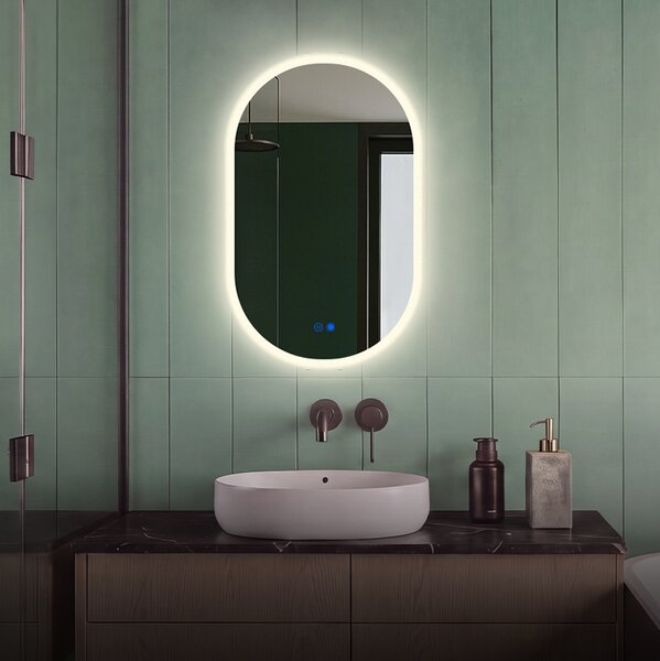 Oval Illuminated Bathroom Mirror 80x50/50x80 cm with Dual Color, Touch Switch and Heating Mat