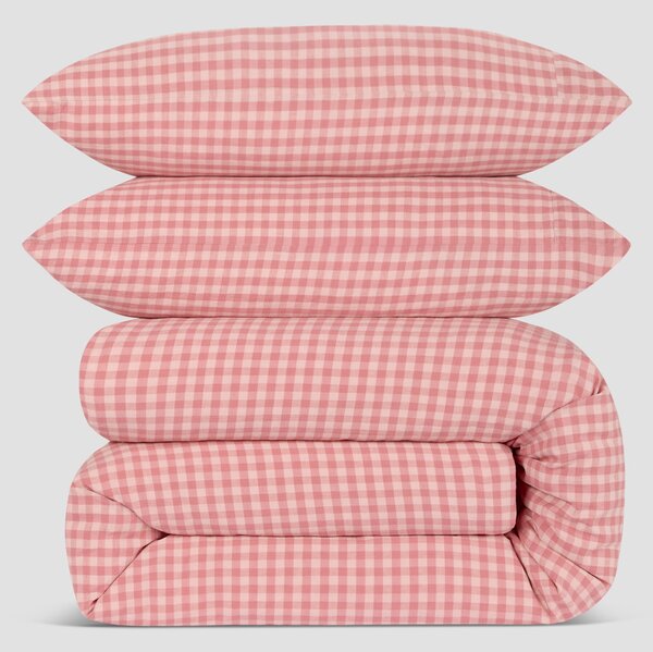 Dusty Pink & Rose Colour Drenched Gingham Linen Blend Duvet Set